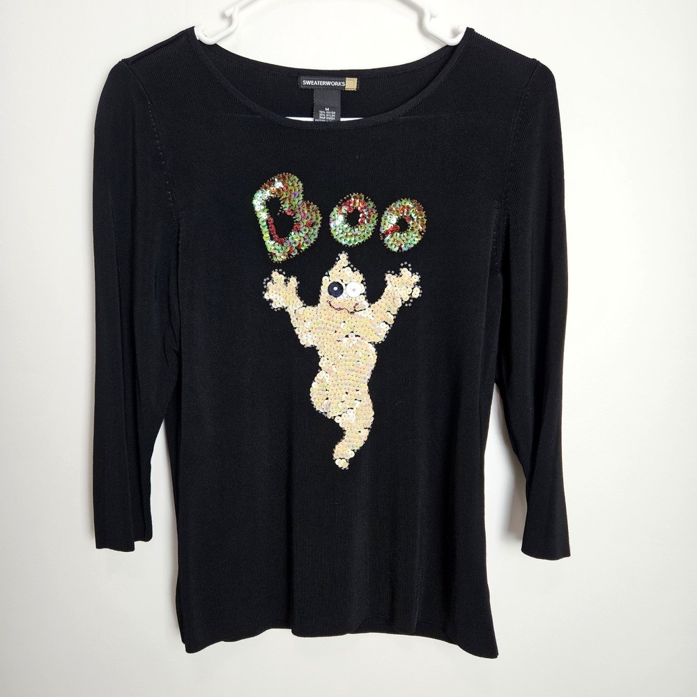 Sweaterworks Size M Embellished Top‎ Knit Beaded 3/4 Sleeve Blouse Ghost BOO